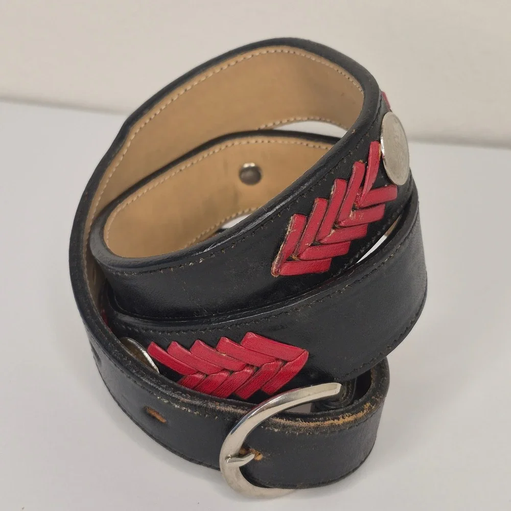 Brazos Joe Western Black Red Woven Leather Concho Belt Made in‎ USA Mens Size 30